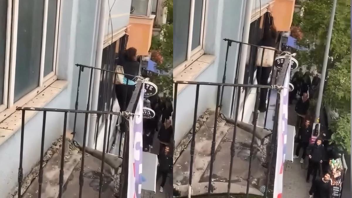 Beyoğlu’nda otel tabelasına çıkan kadın düşerek yaralandı: O anlar kamerada