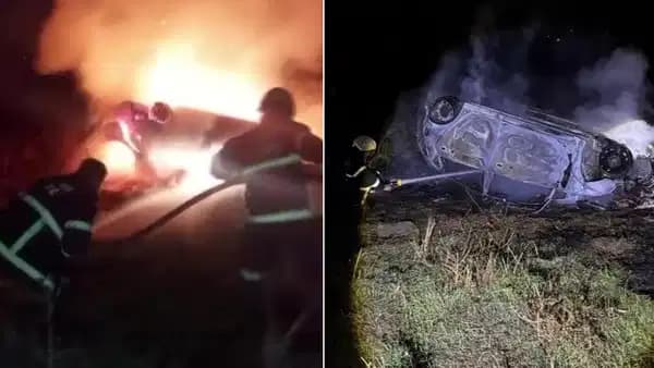 Takla atan otomobil alev alev yandı: Sürücü son anda kurtuldu