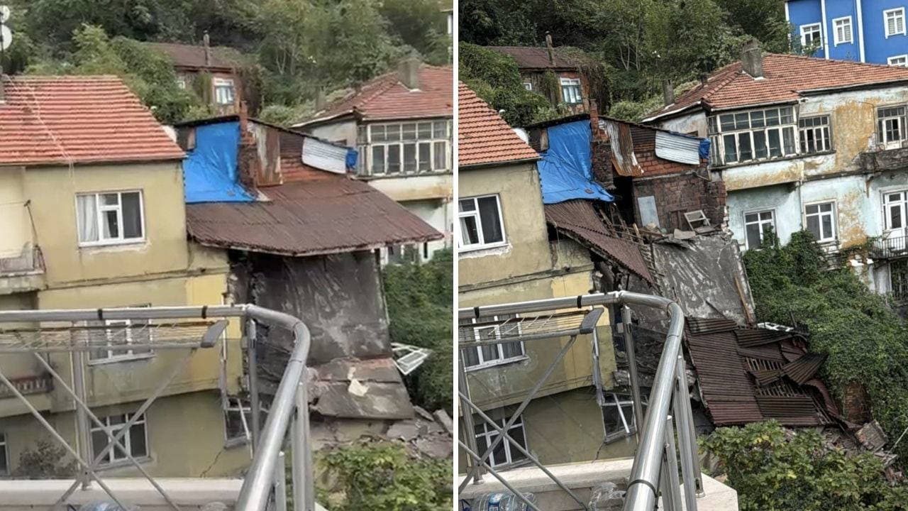 Zonguldak'ta sağanak sonrası duvarı yıkılan 2 katlı ev bugün tamamen çöktü